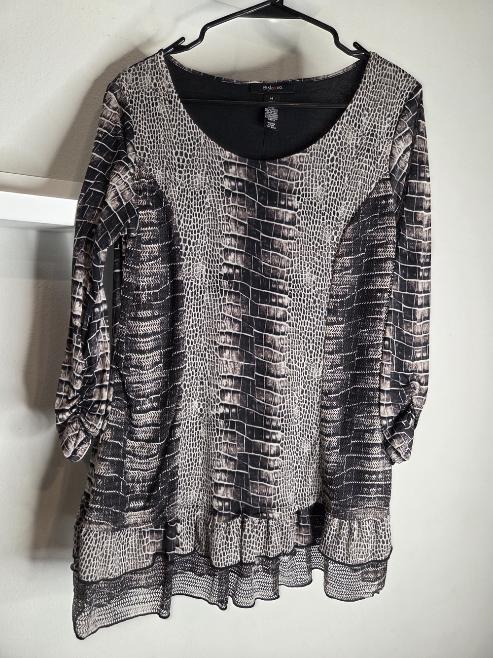 Style & Co. Black and Cream Animal-Print Ruffle-Hem Tunic Top